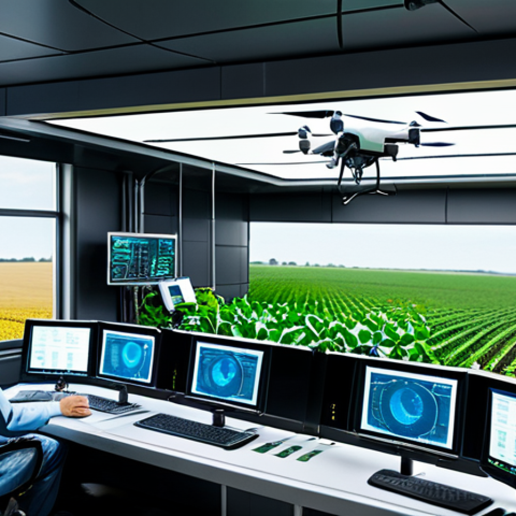 **Smart Agriculture Scene:** "A futuristic farm with sensors monitoring crops and drones flying overhead, analyzing data in real-time. Fully clothed agricultural scientists observe the operation from a control room. Modern, professional, safe for work, appropriate content, perfect anatomy, natural proportions, high quality."