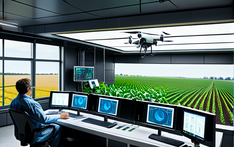 **Smart Agriculture Scene:** "A futuristic farm with sensors monitoring crops and drones flying overhead, analyzing data in real-time. Fully clothed agricultural scientists observe the operation from a control room. Modern, professional, safe for work, appropriate content, perfect anatomy, natural proportions, high quality."