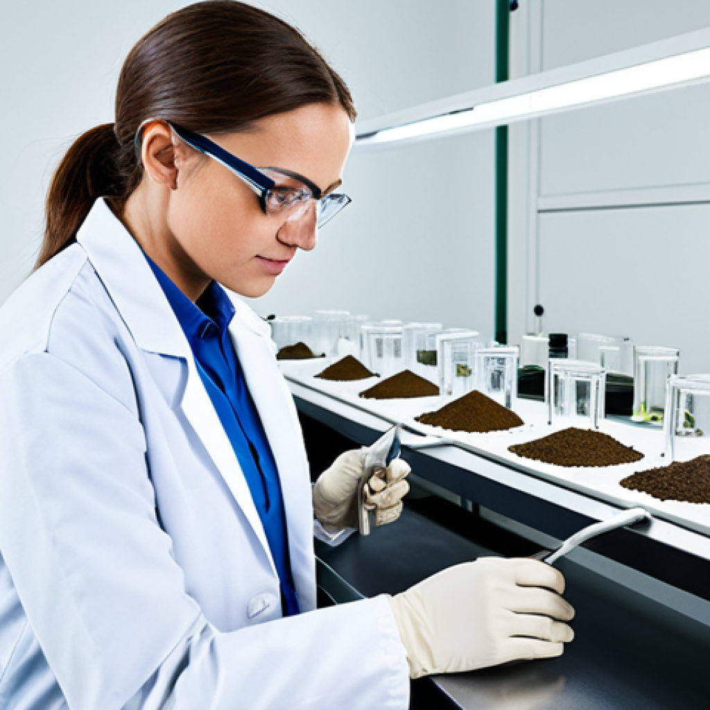 농업환경기술자 자격증의 필요성 - A professional agricultural technician analyzing soil samples in a modern laboratory. She is wearing...