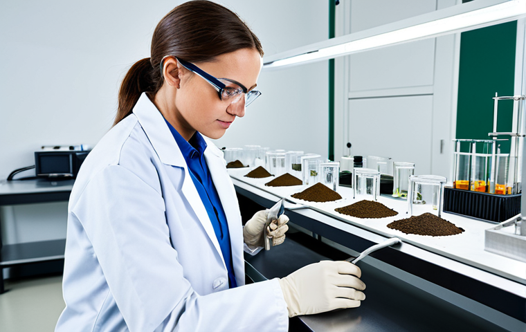 농업환경기술자 자격증의 필요성 - A professional agricultural technician analyzing soil samples in a modern laboratory. She is wearing...