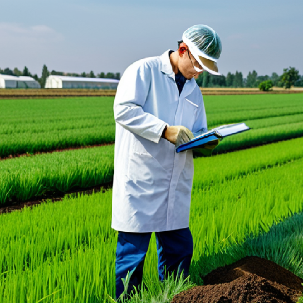 농업환경기술자와 관련된 직업 교육 과정 - **Prompt:** "A fully clothed agricultural environmental technician examining soil quality in a lush,...