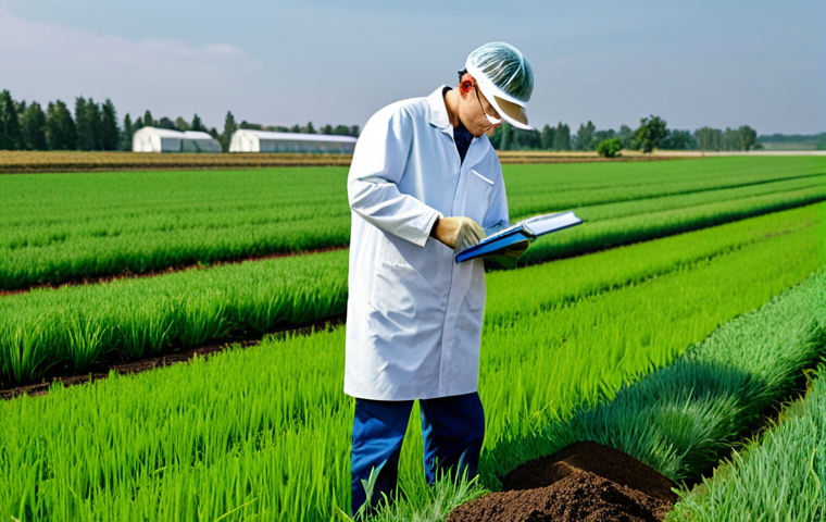농업환경기술자와 관련된 직업 교육 과정 - **Prompt:** "A fully clothed agricultural environmental technician examining soil quality in a lush,...