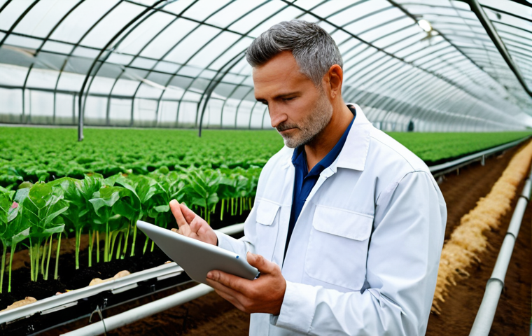 농업환경기술자와 관련된 직업 교육 과정 - **Prompt:** "A fully clothed agricultural environmental technician examining soil quality in a lush,... 농업환경기술자와 관련된 직업 교육 과정 - **Prompt:** "A fully clothed agricultural environmental technician examining soil quality in a lush,...