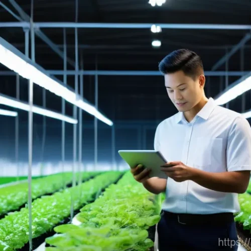 Home 22 농업환경기술자 자격증과 IT 기술 활용 - A young, technologically adept farmer, wearing clean work attire, stands in a vast, pristine smart g...