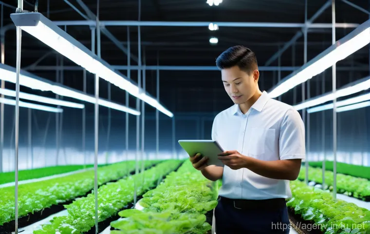 농업환경기술자 자격증과 IT 기술 활용 - A young, technologically adept farmer, wearing clean work attire, stands in a vast, pristine smart g...