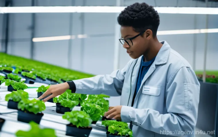 농업환경기술자 자격증과 IT 기술 활용 - A bright, optimistic scene depicting sustainable agriculture. A female food engineering student, wea... 농업환경기술자 자격증과 IT 기술 활용 - A bright, optimistic scene depicting sustainable agriculture. A female food engineering student, wea...
