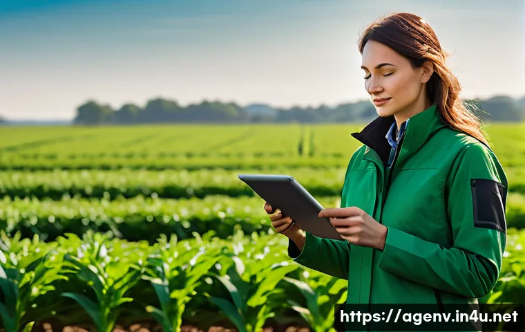 농업환경기술자 시험일정 및 응시 조건 - A professional female agricultural environmental engineer, in her early 30s, stands confidently in a...